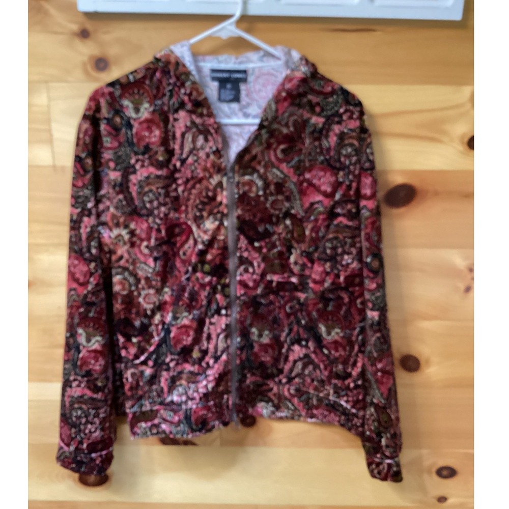 Robert Louis Silk Blend Velvet Paisley Zip Up Hoodie Jacket Red Brown XL